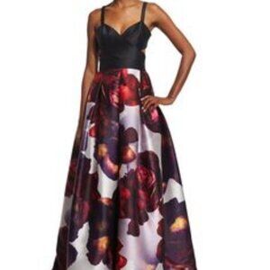Womens Monique Lhuillier Plum Black Red Strappy V-Neck Floral Maxi Gown Dress 8